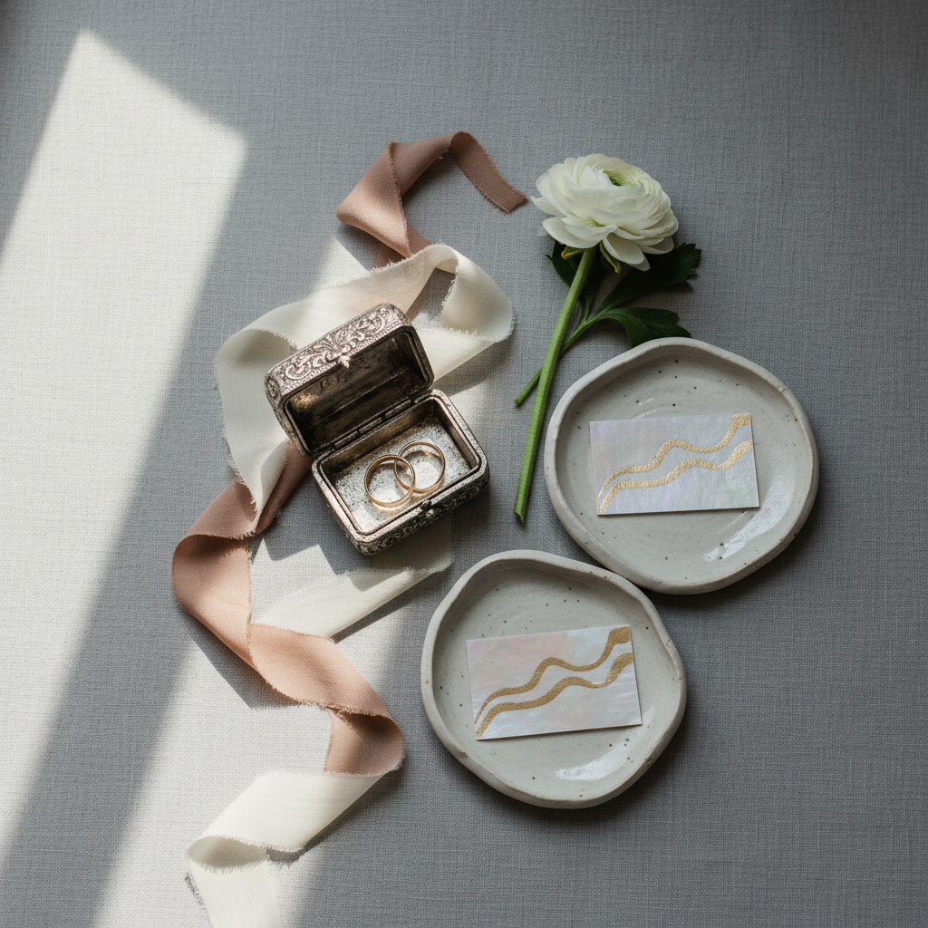 A close-up, photographic view of a meticulously curated wedding flatlay on a smooth, dove-gray linen backdrop: an engraved metal ring box, delicate silk ribbon in muted nude tones, a sprig of white ranunculus, and hand-made ceramic dishes filled with pearlescent place cards with abstract, non-readable markings. Soft window light from the left creates gentle gradients across the textured fabrics and a refined shimmer on metallic details. Shot from directly above with sharp focus and ample negative space, the composition feels editorial and luxurious. The mood is calm, sophisticated, and detail-obsessed, highlighting the artistry of high-end wedding planning without showing any text or human subjects, perfect for a brand centered on refined design and ritos de amor.