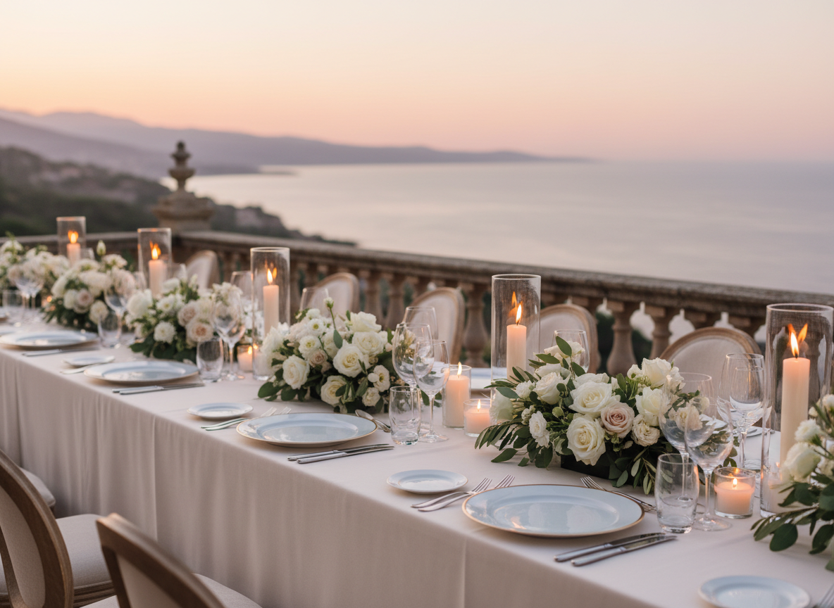 A long banquet-style wedding reception table dressed in a perfectly pressed ivory linen, set on a stone terrace overlooking a distant, softly focused coastline at sunset. Crystal stemware, fine bone china with a delicate gold rim, and polished silver cutlery catch the warm golden hour light. Low, abundant floral arrangements in white and blush with hints of soft greenery run down the center, interspersed with slender glass candlesticks and flickering tapered candles. Photographic realism, eye-level composition with shallow depth of field, emphasizing the refined table décor while the ocean and sky melt into a luxurious bokeh. The atmosphere is sophisticated, intimate, and aspirational, ideal for a high-end destination wedding planner brand.