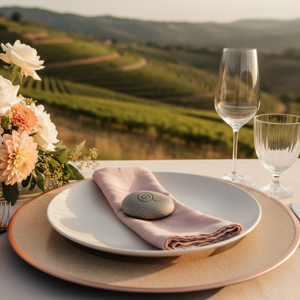A photographic close-up of a single, exquisitely styled place setting at an outdoor destination wedding overlooking terraced vineyards. A matte porcelain plate in soft ivory sits atop a textured, sand-colored charger with a subtle metallic rim. On top lies a folded, raw-edged silk napkin in a pale blush, secured with a minimalist stone place marker engraved with an abstract symbol instead of text. Fine crystal glassware reflects the soft, late-afternoon sunlight, and a low, airy floral arrangement in white and soft peach is partially visible. Captured at a shallow angle with selective focus on the place setting, the background of blurred vines and rolling hills enhances an atmosphere of quiet luxury, intimacy, and sophisticated design.
