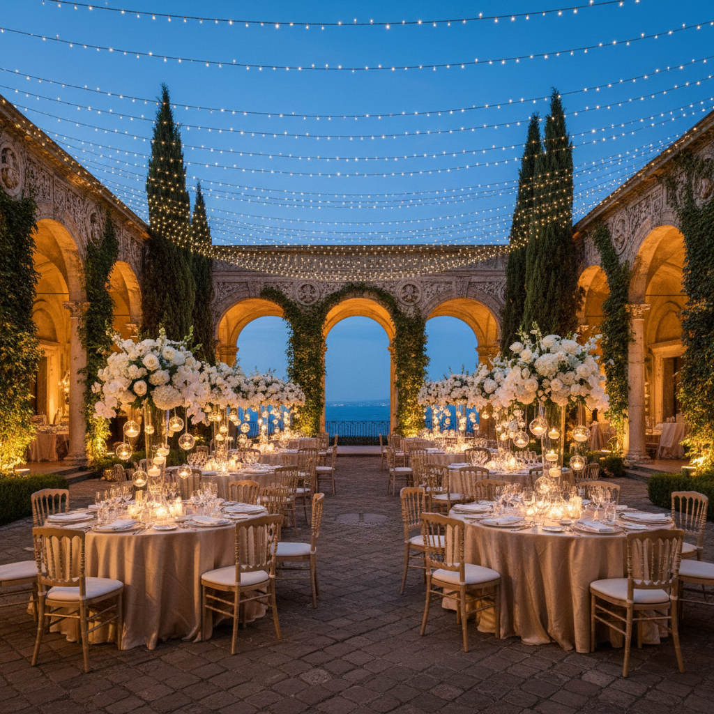 An opulent destination wedding reception scene captured in photographic realism inside an open-air courtyard framed by historic stone arches and manicured cypress trees. Round tables draped in champagne-colored linens are topped with tall glass vases overflowing with all-white blooms, subtle greenery, and delicate hanging glass orbs containing tiny candlelights. Overhead, a canopy of fairy lights forms a soft, starry ceiling. Twilight sky adds a deep blue backdrop, while warm ambient lighting from candles and concealed uplights accentuates the architectural details. Shot at eye level with a slightly wide angle to show multiple tables and the surrounding architecture, the atmosphere is romantic, refined, and timeless, speaking to luxurious destination celebrations orchestrated with impeccable attention to detail.