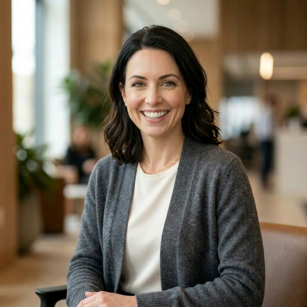 A woman in a navy blazer and cream blouse smiling in an office